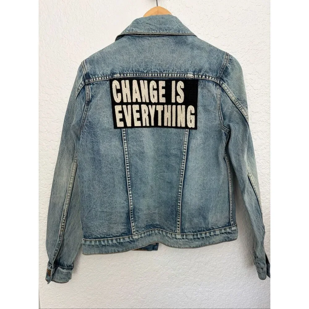 Pam & Gela Statement Embroidered Denim Jacket Vintage Blue Size S - Picture 5 of 12